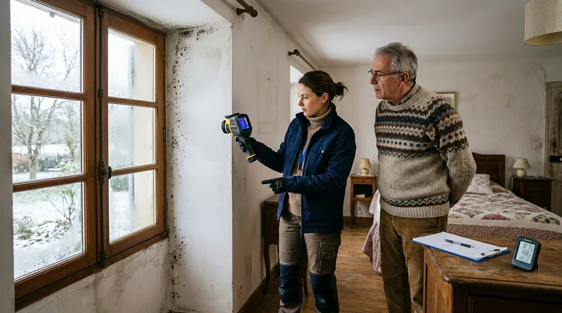 Spécialiste mesurant l'humidité d'un mur dans le Essonne