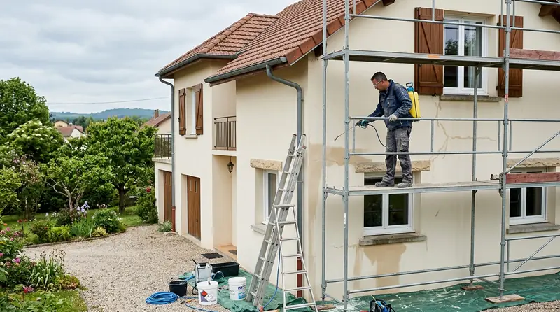 Façadier appliquant un enduit hydrofuge sur une façade fissurée